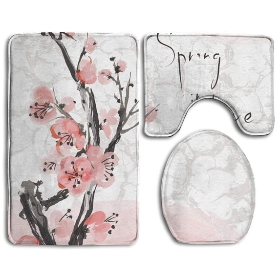 PUDMAD Floral Cherry Blossom Sakura Tree Branch Pastel 3 Piece Bathroom Rugs Set Bath Rug Contour Mat and Toilet Lid Cover