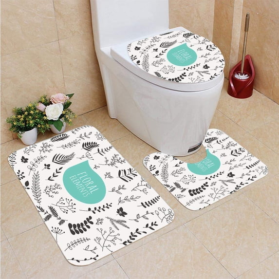 PUDMAD Floral Elements Collection Spring Flowers Leaves Dandelion 3 Piece Bathroom Rugs Set Bath Rug Contour Mat and Toilet Lid Cover