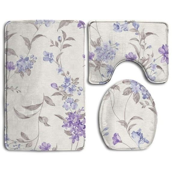 PUDMAD Floral Lavender 3 Piece Bathroom Rugs Set Bath Rug Contour Mat and Toilet Lid Cover