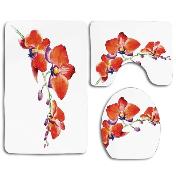 PUDMAD Floral Orchid Flower Branch Vivid Color Petals Blossom Botany Wild Blooms 3 Piece Bathroom Rugs Set Bath Rug Contour Mat and Toilet Lid Cover