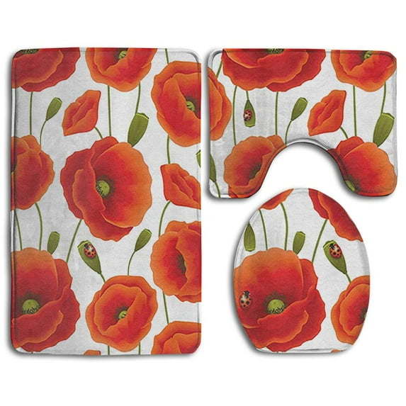 PUDMAD Floral Poppy Flowers 3 Piece Bathroom Rugs Set Bath Rug Contour Mat and Toilet Lid Cover