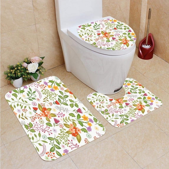 PUDMAD Floral Seamless 3 Piece Bathroom Rugs Set Bath Rug Contour Mat and Toilet Lid Cover