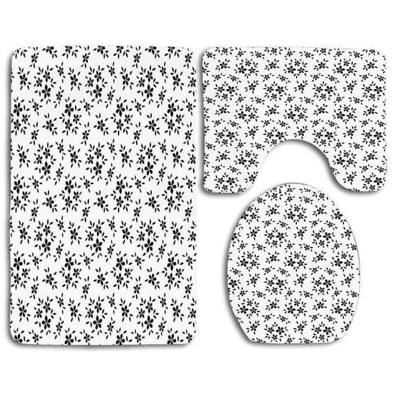 PUDMAD Floral Simplistic Monochrome Spring Leaves Abstract Florets Stem Plants Essence Theme 3 Piece Bathroom Rugs Set Bath Rug Contour Mat and Toilet Lid Cover