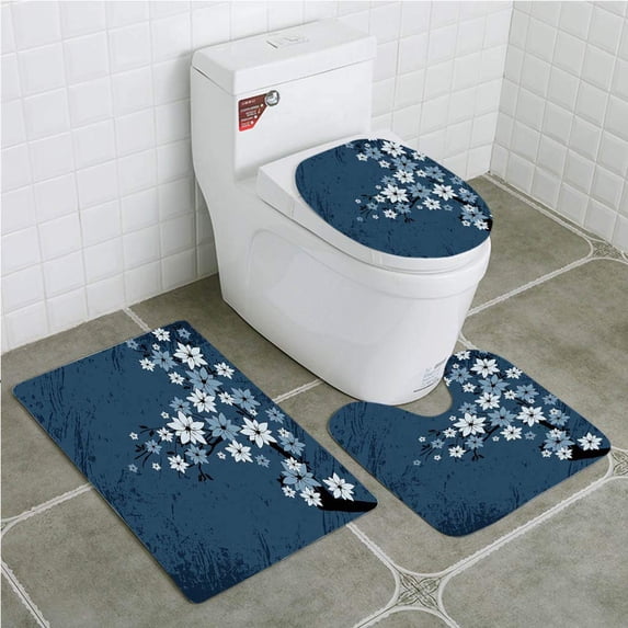 PUDMAD Floral Spring Blooms on Grunge Backdrop Classic Petal Flourishing Season Essence 3 Piece Bathroom Rugs Set Bath Rug Contour Mat and Toilet Lid Cover