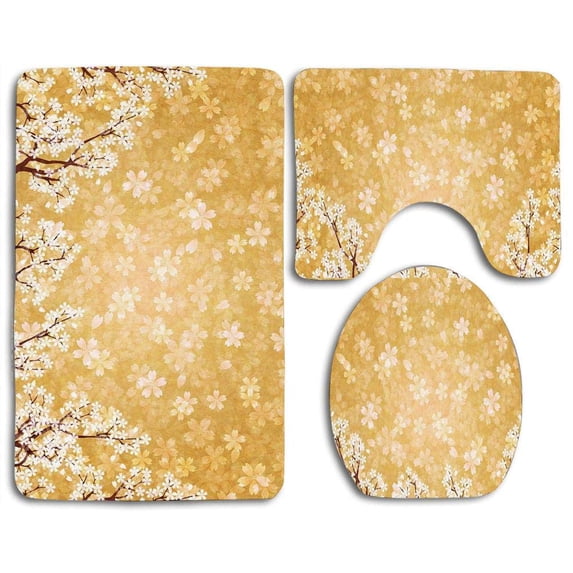 PUDMAD Floral Trees Blossoms Buds Flowers Spring Season Pedals Bodies in Wind 3 Piece Bathroom Rugs Set Bath Rug Contour Mat and Toilet Lid Cover