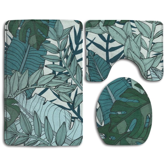 PUDMAD Floral Tropical Plants 3 Piece Bathroom Rugs Set Bath Rug Contour Mat and Toilet Lid Cover