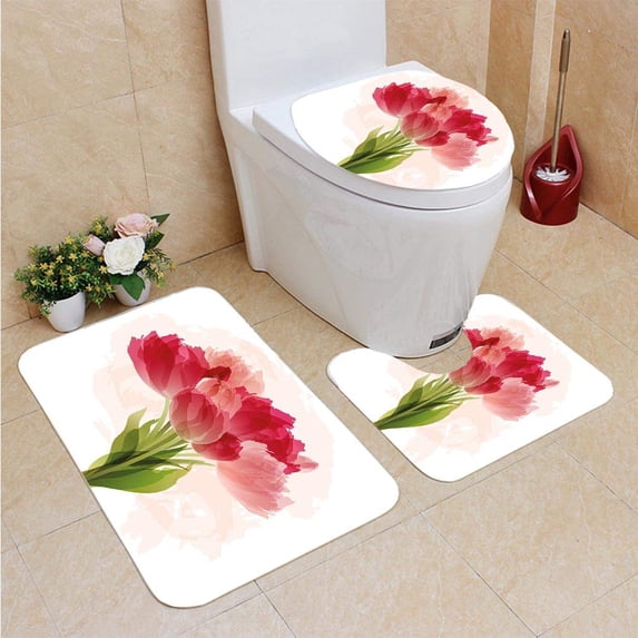PUDMAD Floral Watercolor Painting Bouquet Tulip Flower Artistic Botanical Romantic C 3 Piece Bathroom Rugs Set Bath Rug Contour Mat and Toilet Lid Cover