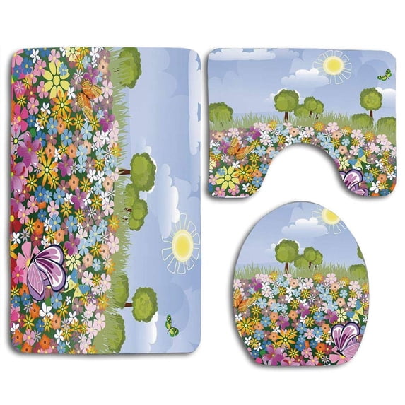 PUDMAD Flourishing Spring Meadow Colorful Blossoms Butterflies Trees Growth Foliage 3 Piece Bathroom Rugs Set Bath Rug Contour Mat and Toilet Lid Cover