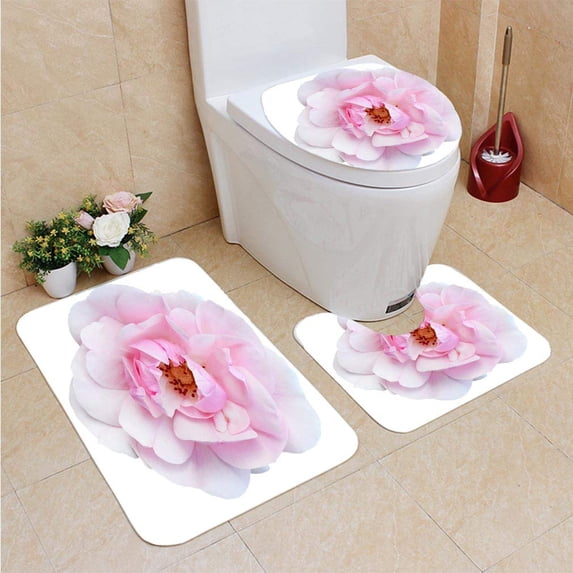 PUDMAD Flower 3 Piece Bathroom Rugs Set Bath Rug Contour Mat and Toilet Lid Cover
