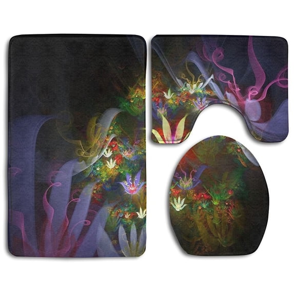 PUDMAD Flower Art 3 Piece Bathroom Rugs Set Bath Rug Contour Mat and Toilet Lid Cover
