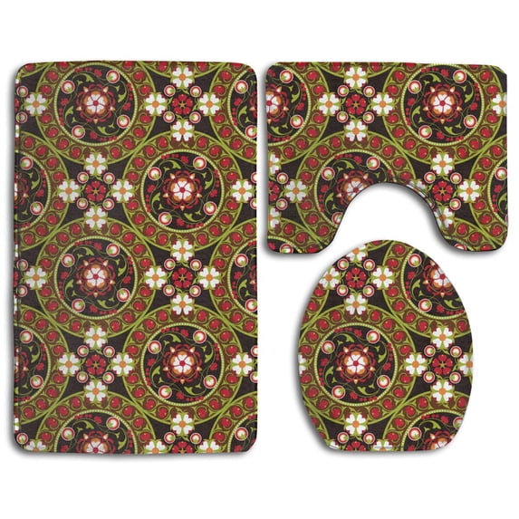 PUDMAD Flower Boho 3 Piece Bathroom Rugs Set Bath Rug Contour Mat and Toilet Lid Cover