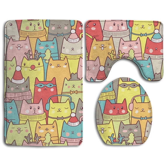 PUDMAD Flower Cat 3 Piece Bathroom Rugs Set Bath Rug Contour Mat and Toilet Lid Cover