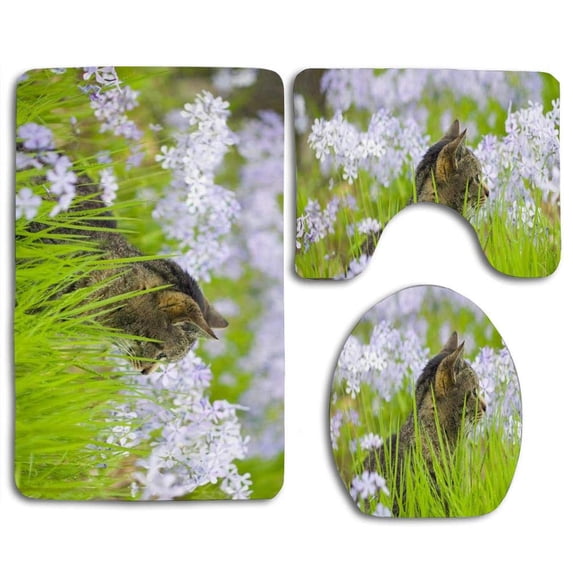 PUDMAD Flower Cat 3 Piece Bathroom Rugs Set Bath Rug Contour Mat and Toilet Lid Cover