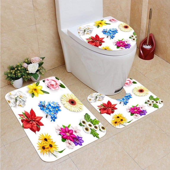 PUDMAD Flower Collection 3 Piece Bathroom Rugs Set Bath Rug Contour Mat and Toilet Lid Cover