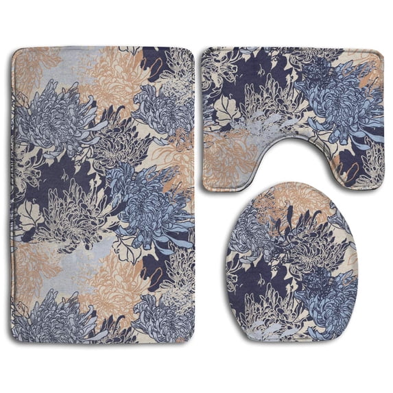 PUDMAD Flower Colored 3 Piece Bathroom Rugs Set Bath Rug Contour Mat and Toilet Lid Cover
