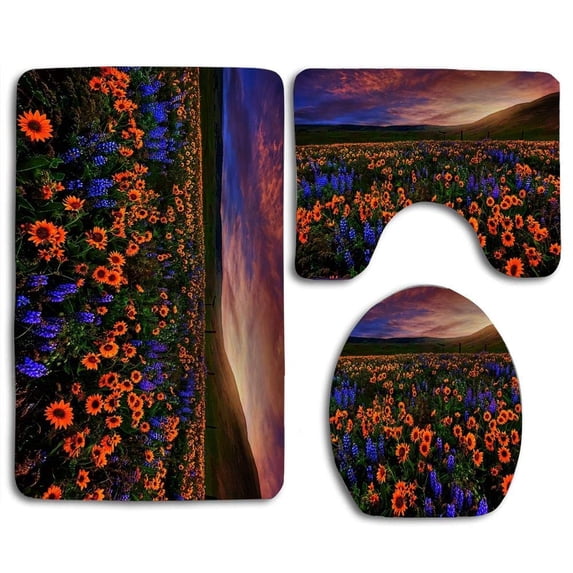 PUDMAD Flower Field at Dusk 3 Piece Bathroom Rugs Set Bath Rug Contour Mat and Toilet Lid Cover
