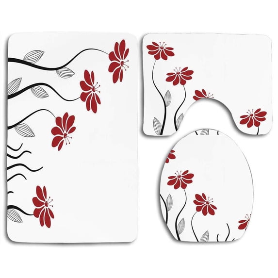 PUDMAD Flower Floral Petals Striped Leaves Lines Modern 3 Piece Bathroom Rugs Set Bath Rug Contour Mat and Toilet Lid Cover