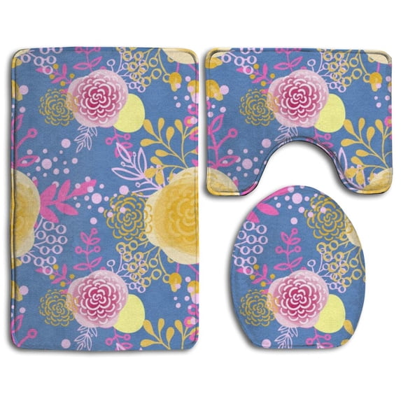 PUDMAD Flower Hand Drawn 3 Piece Bathroom Rugs Set Bath Rug Contour Mat and Toilet Lid Cover