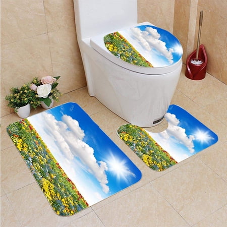 PUDMAD Flower Meadow Grass Field Over Cloudy Sky 3 Piece Bathroom Rugs Set Bath Rug Contour Mat and Toilet Lid Cover