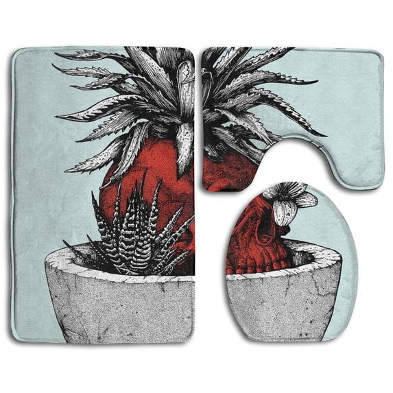 PUDMAD Flower Skull Pineapple Butterfly 3 Piece Bathroom Rugs Set Bath Rug Contour Mat and Toilet Lid Cover