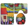 thumbnail image 1 of PUDMAD Flower and House Painting 3 Piece Bathroom Rugs Set Bath Rug Contour Mat and Toilet Lid Cover, 1 of 2