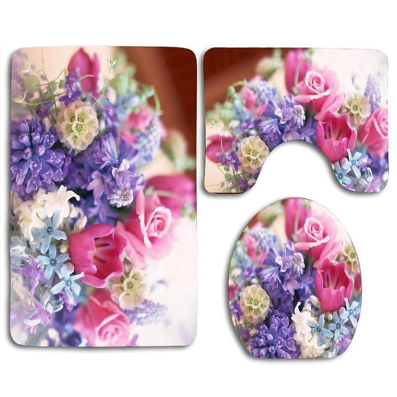 PUDMAD Flowers 3 Piece Bathroom Rugs Set Bath Rug Contour Mat and Toilet Lid Cover