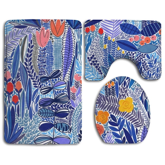 PUDMAD Flowers Abstraction 3 Piece Bathroom Rugs Set Bath Rug Contour Mat and Toilet Lid Cover