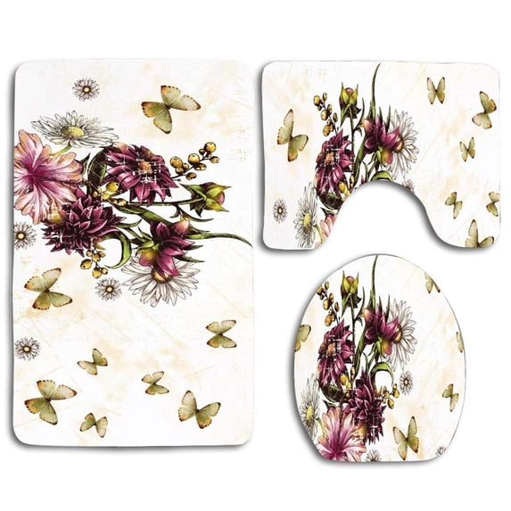 PUDMAD Flowers Celebrate Butterflies 3 Piece Bathroom Rugs Set Bath Rug Contour Mat and Toilet Lid Cover