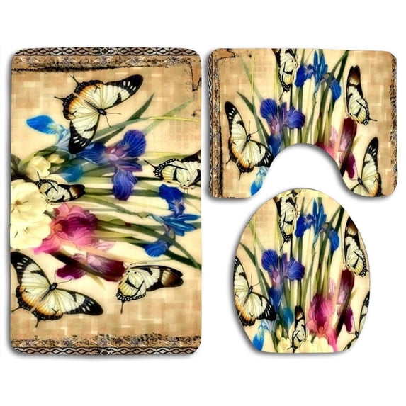 PUDMAD Flowers Colorful Butterfly Bouquet 3 Piece Bathroom Rugs Set Bath Rug Contour Mat and Toilet Lid Cover