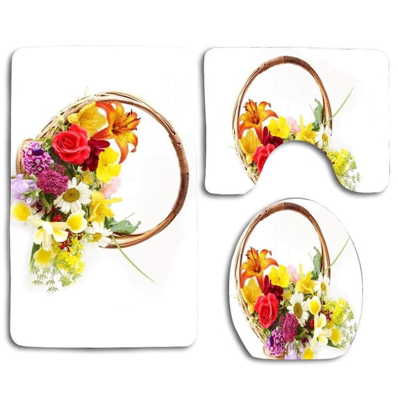 PUDMAD Flowers Formy Sweet Bella 3 Piece Bathroom Rugs Set Bath Rug Contour Mat and Toilet Lid Cover