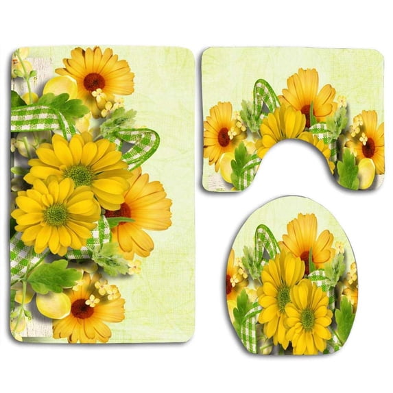 PUDMAD Flowers Ribbons 3 Piece Bathroom Rugs Set Bath Rug Contour Mat and Toilet Lid Cover