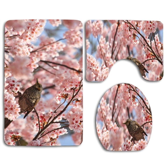 PUDMAD Flowers Tree Spring Birds 3 Piece Bathroom Rugs Set Bath Rug Contour Mat and Toilet Lid Cover