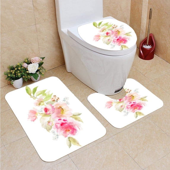 PUDMAD Flowers Watercolor 3 Piece Bathroom Rugs Set Bath Rug Contour Mat and Toilet Lid Cover