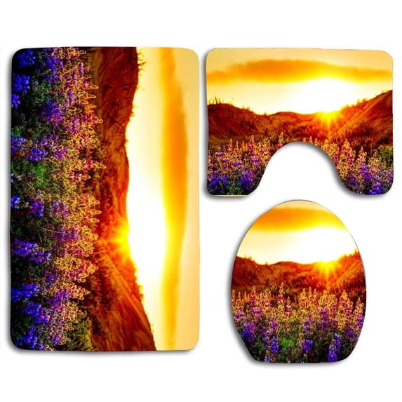 PUDMAD Flowers and Sunset 3 Piece Bathroom Rugs Set Bath Rug Contour Mat and Toilet Lid Cover