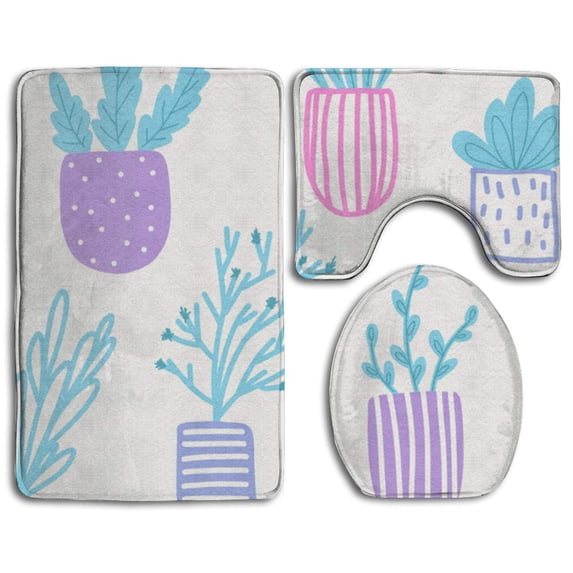 PUDMAD Flowers in Pots 3 Piece Bathroom Rugs Set Bath Rug Contour Mat and Toilet Lid Cover