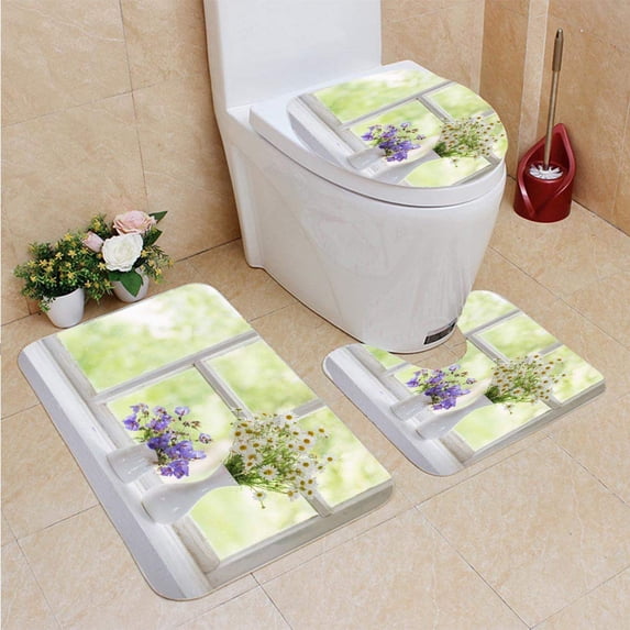 PUDMAD Flowers in vases windowsill 3 Piece Bathroom Rugs Set Bath Rug Contour Mat and Toilet Lid Cover