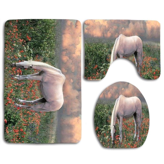 PUDMAD Flowers on Hill 3 Piece Bathroom Rugs Set Bath Rug Contour Mat and Toilet Lid Cover