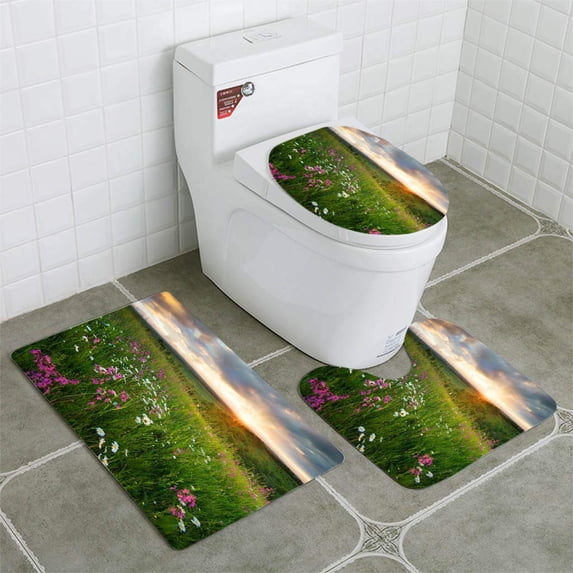 PUDMAD Flowers on mountain field during sunrise Beautiful natural landscape in 3 Piece Bathroom Rugs Set Bath Rug Contour Mat and Toilet Lid Cover
