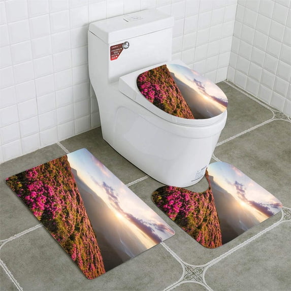 PUDMAD Flowes in mountains during sunrise Beautiful natural landscape in summer time 3 Piece Bathroom Rugs Set Bath Rug Contour Mat and Toilet Lid Cover