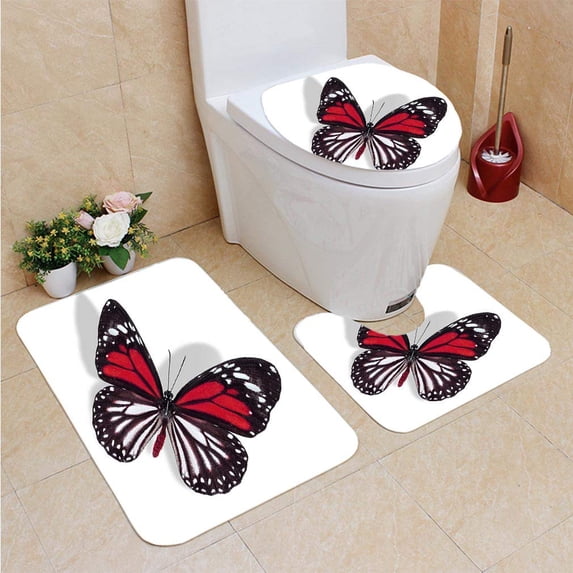 PUDMAD Flying Butterfly 3 Piece Bathroom Rugs Set Bath Rug Contour Mat and Toilet Lid Cover