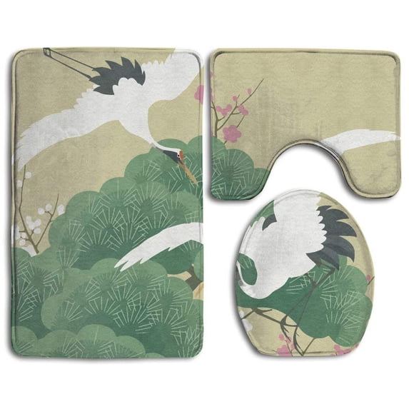 PUDMAD Flying Tsuru Crane 3 Piece Bathroom Rugs Set Bath Rug Contour Mat and Toilet Lid Cover