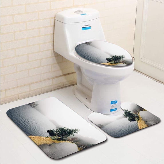 PUDMAD Foggy Forest Lake Coast 3 Piece Bathroom Rugs Set Bath Rug Contour Mat and Toilet Lid Cover