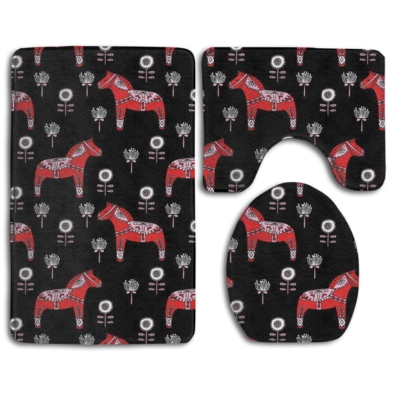 PUDMAD Folk Dala Horse Florals 3 Piece Bathroom Rugs Set Bath Rug Contour Mat and Toilet Lid Cover