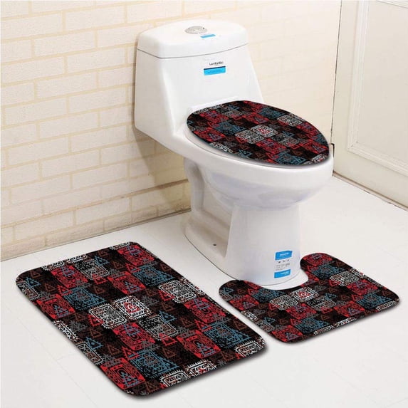 PUDMAD Folkloric Color Mix Nested Square Lace Patterns Tribal Persian Boho 3 Piece Bathroom Rugs Set Bath Rug Contour Mat and Toilet Lid Cover