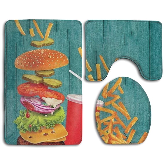 PUDMAD Food Drink 3 Piece Bathroom Rugs Set Bath Rug Contour Mat and Toilet Lid Cover