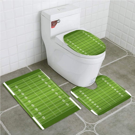 PUDMAD Football Sports Field in Green Gridiron Yard Competitive Games College Teamwork 3 Piece Bathroom Rugs Set Bath Rug Contour Mat and Toilet Lid Cover