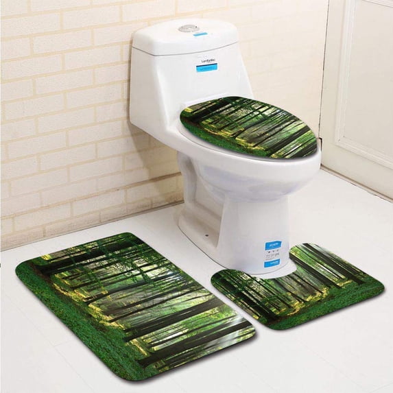 PUDMAD Forest 3 Piece Bathroom Rugs Set Bath Rug Contour Mat and Toilet Lid Cover