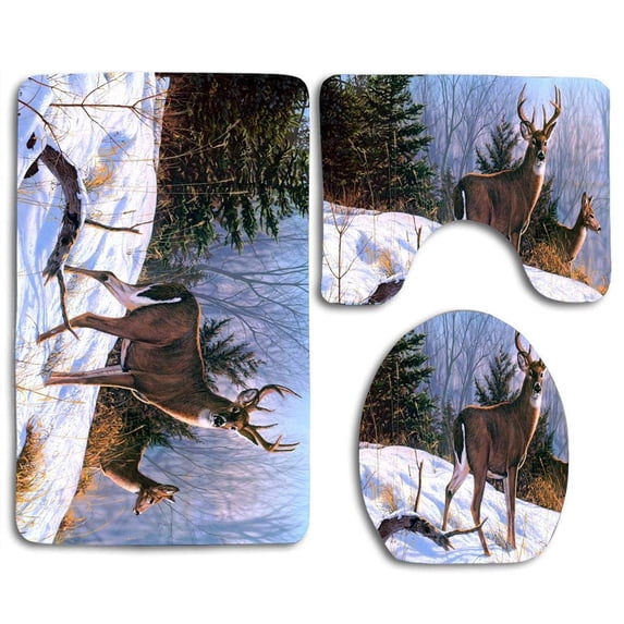 PUDMAD Forest Pretty Deer Snowy Slope 3 Piece Bathroom Rugs Set Bath Rug Contour Mat and Toilet Lid Cover