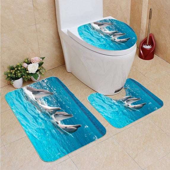 PUDMAD Four Dolphins Dance in a Pool Water 3 Piece Bathroom Rugs Set Bath Rug Contour Mat and Toilet Lid Cover