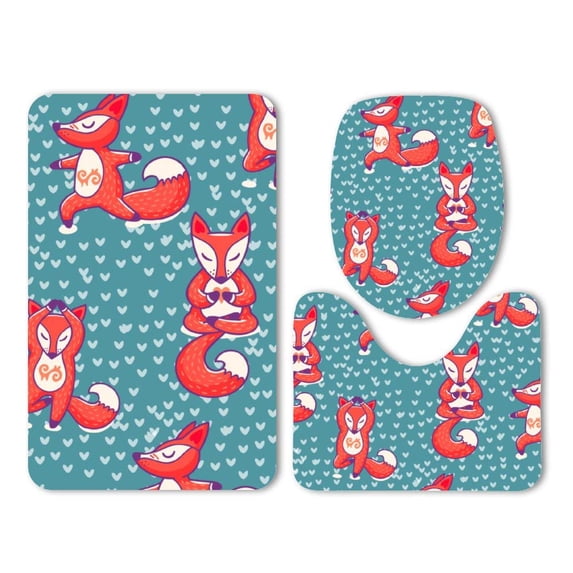 PUDMAD Fox Practicing Yoga Cute Action Exercise 3 Piece Bathroom Rugs Set Bath Rug Contour Mat and Toilet Lid Cover